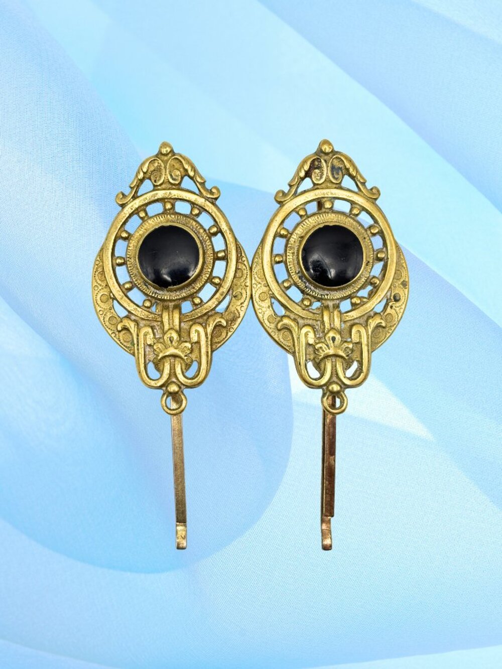 Vintage Art Nouveau Barette / Hair Clip Pair - Goldtone, Black Stones
